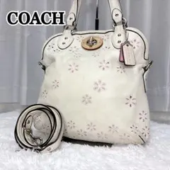 美品 COACH 2way ハンドバッグ ホワイト 花柄パンチング - メルカリ