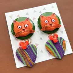 2way 樹脂粘土 猫 ポリマークレイ サイケデリックハート レトロピアス