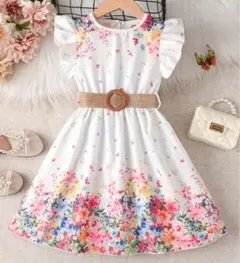 【新品】セール中❤️花柄ワンピース　フリル袖ノースリーブ花ホワイトピンクおでかけ
