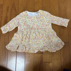 プティマイン　ブラウス　90 花柄　黄色　オレンジ　チュニック　七分袖　フリル