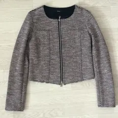美品 Theory セオリー ノーカラー ツイードジャケット ダブルジップ 2