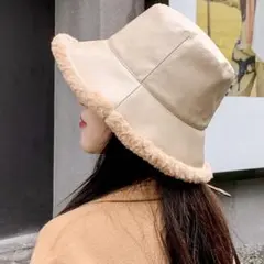 PUレザー バケットハット 57cm バケハ ベージュ モコモコ 秋冬