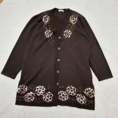 昭和レトロ　ビーズ刺繍長袖ウールカーディガン　セーター　肩パッド　a1791のサムネイル