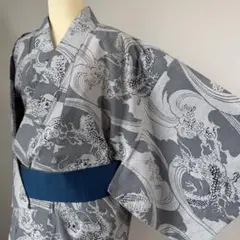 超美品 綿縮 夏物 本染浴衣 149裄61.5 濃紺 単色 小さめ 小柄 竺仙 
