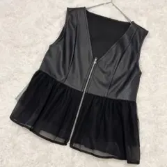 Radaristaフェイクレザー チュール切替 ジップベスト ブラック M 黒