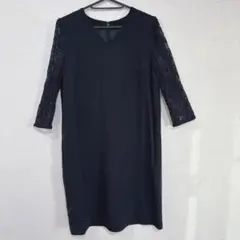 グリーンレーベルリラクシング　ネイビー レース長袖 Vネック ひざ丈ワンピース