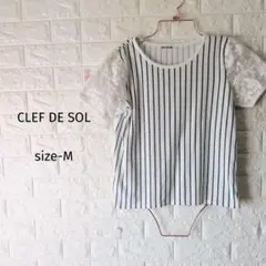 車*️様 300円〜 CLEF DE SOL 袖花柄レース ストライプTシャツのサムネイル