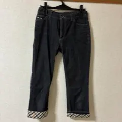 ダークデニム クロップドパンツ チェック裾