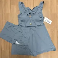ブルーグレー ワンピース水着 フリル付き