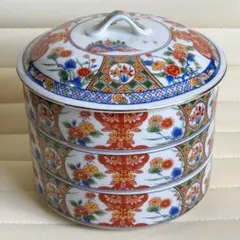 有田焼　丸喜窯　三段重　おせち器　正月　蓋付き重ね鉢　古伊万里　色絵金彩　重箱