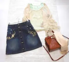 美品 送料無料 フランシュリッペ インディゴ ブルー 刺繍 デニム スカート