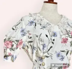 ヴィンテージ✨ワンピース 花柄 レース襟 80年代 レトロ USA 海外古着