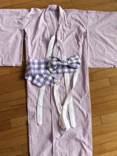 ラベンダーの綿の着物　チェック柄帯付き