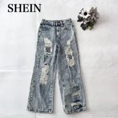 【シーイン】ワイドレッグデニム（M)ダメージ加工 ウエストゴム入り ズボン