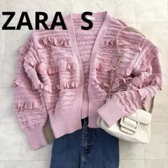 【美品】ZARA リボンフリル　ピンクカーディガン　コットン素材　春夏用はおり