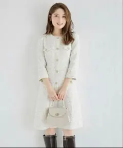 スノーフレーク飾り釦付きツイードワンピース 白 ホワイト 系