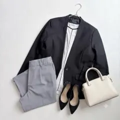 通勤きれいめコーデ 3点セット L ノーカラージャケット チェックパンツ 着回しのサムネイル