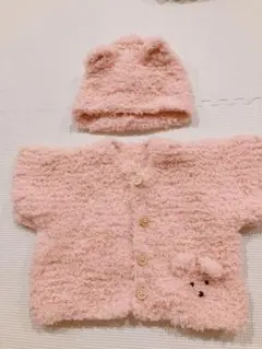 【美品】ハンドメイドくまちゃん【格安】セーターベスト帽子ベビー赤ちゃんピンク