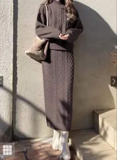 ボリュームスリーブトップスXタイトスカートケーブルニットセットアップrut056