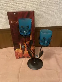 青いガラスのキャンドルスタンド2灯式