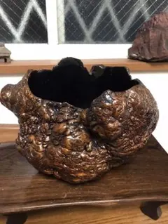 天然木オブジェ　⑥天然木栃木根木瘤花器水盤生花茶道華道オブジェ　天然木水盆　花器