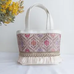 訳あり★再販【 29cm 】トートバッグ インド刺繍リボン くすみピン