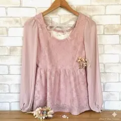 アラマンダ 総レースペプラムブラウス ピンク シアー袖 Mサイズ