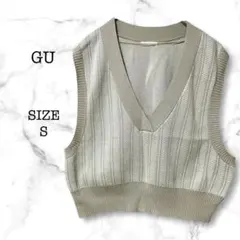 【美品】ジーユー GU Vネック ニットベスト S ベージュ 総柄 ストライプ