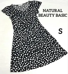 【NATURAL BEAUTY BASIC 】半袖ワンピース S ドット柄 黒