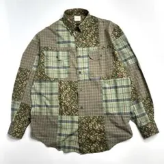 カールヘルム　パッチワークボタンダウンシャツ　花柄　チェック　長袖　グリーン