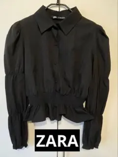 ZARA ブラウス パワーショルダー パフスリーブ　シャーリングシャツ ブラック