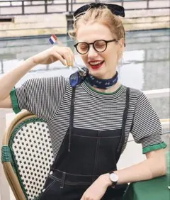 BONLECILL 配色ラメフリルボリュームスリーブ 半袖リブニットプルオーバー