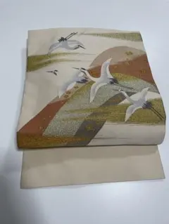 名古屋帯　松葉仕立て　霞　鶴　金糸　銀糸　正絹　B010