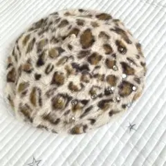 Heather ファーライク ヒョウ柄ビジュー付きベレー帽