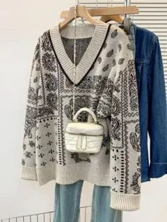 大きいサイズ 柔らかくて ゆったり レトロ 高級感 ニット セーター V字襟