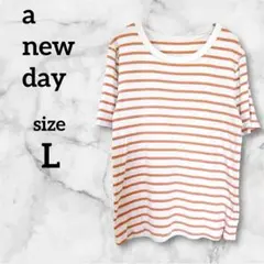 【美品】a new day 細リブ ホワイト×オレンジ ボーダーTシャツ L
