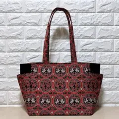 帯リメイク　真朱色地　動物 花鳥紋柄　肩掛けトート　大容量　サイドポケット