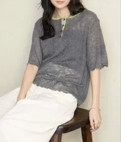 新品　forksy シアーワッフル 配色 へンリーネック 半袖 Tシャツのサムネイル