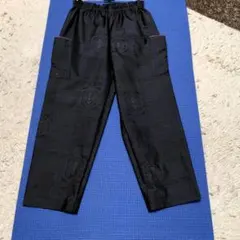 藍大島紬(7マルキ)黒いエラスティックウエストパンツ　シルク100%