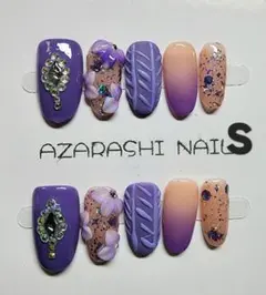 【S-107】パープルぷっくりお花バラエティネイル♡Sサイズ