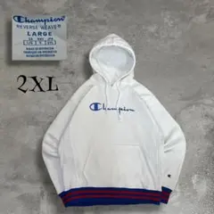 希少 2XL チャンピオン リバースウィーブ 青単タグ復刻 ラインリブ 刺繍ロゴ