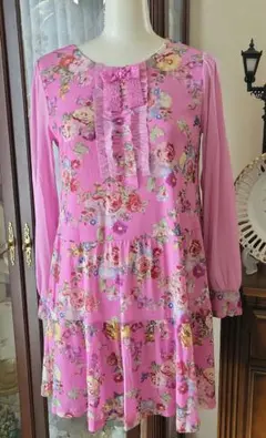 新品スーパービューティー花柄フリルチュニック ピンク40 パワーネット薔薇ローズ