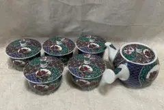 美品　九谷焼　清峰　小紋おしどり　急須　湯呑み　蓋付茶器　未使用