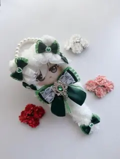 ちびぐるみ ぬい服 ねこさんケープ(ホワイト)緑リボンのサムネイル