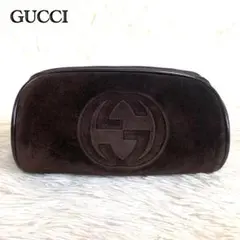 【美品】グッチ ポーチ インターロッキング レザー スエード 小物入れ ブラウン
