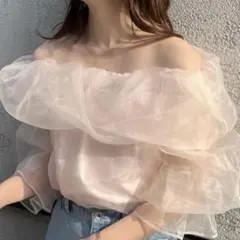 NICE CLAUP オーガンオフショルブラウス ピンクのサムネイル
