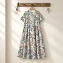 花柄 ロングワンピース ゆったり 大きめ 半袖 ブルー系　体型カバー　レトロ感