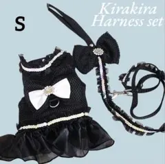 【S】【新品】犬服 フリル ハーネス リード セット キラキラ　黒