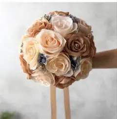 淡いオレンジ×ブラウンラウンドブーケ☆ブートニアつき　ウェディングブーケ　結婚式