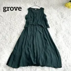 【grove/グローブ】ワールド ノースリーブタックイン風ワンピース　ロング　緑